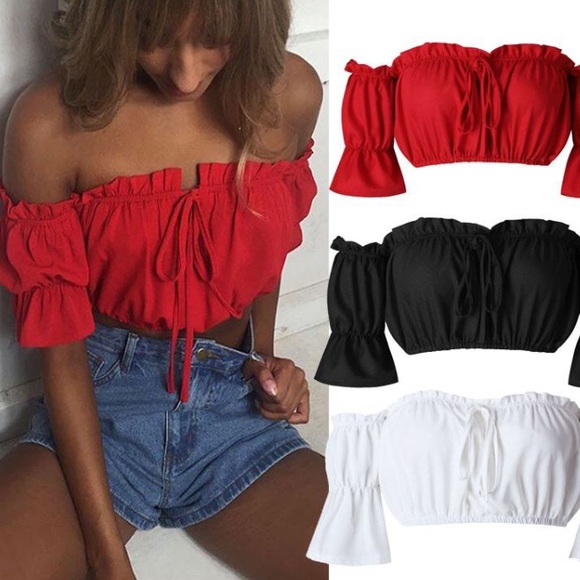 ‼️FINAL SALE!❗️Off the Shoulder Ruffle Crop Top - Picture 2 of 4